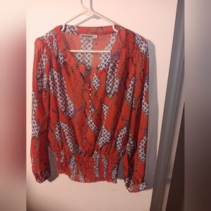 Express Vibrant Red and Blue Patterned Blouse